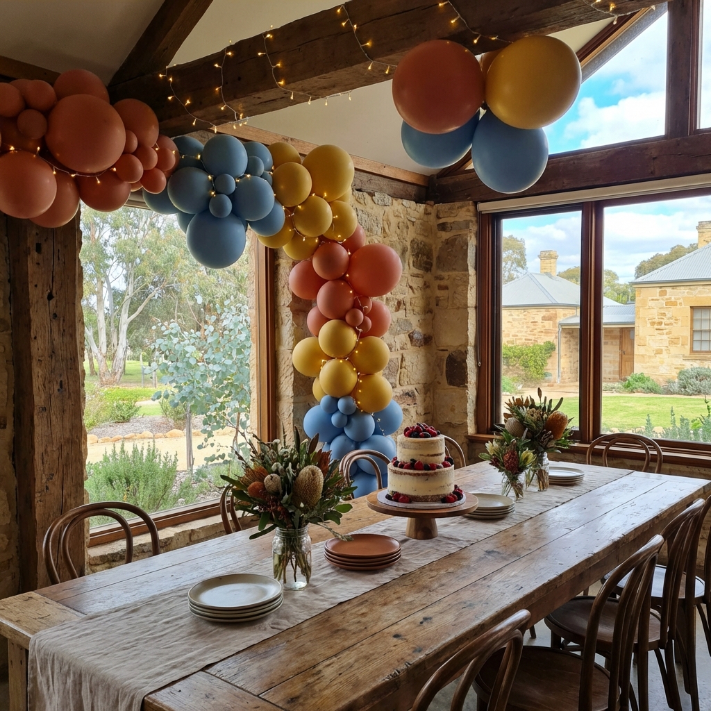 Birthday celebration setup in a private function room with balloons and fairy lights