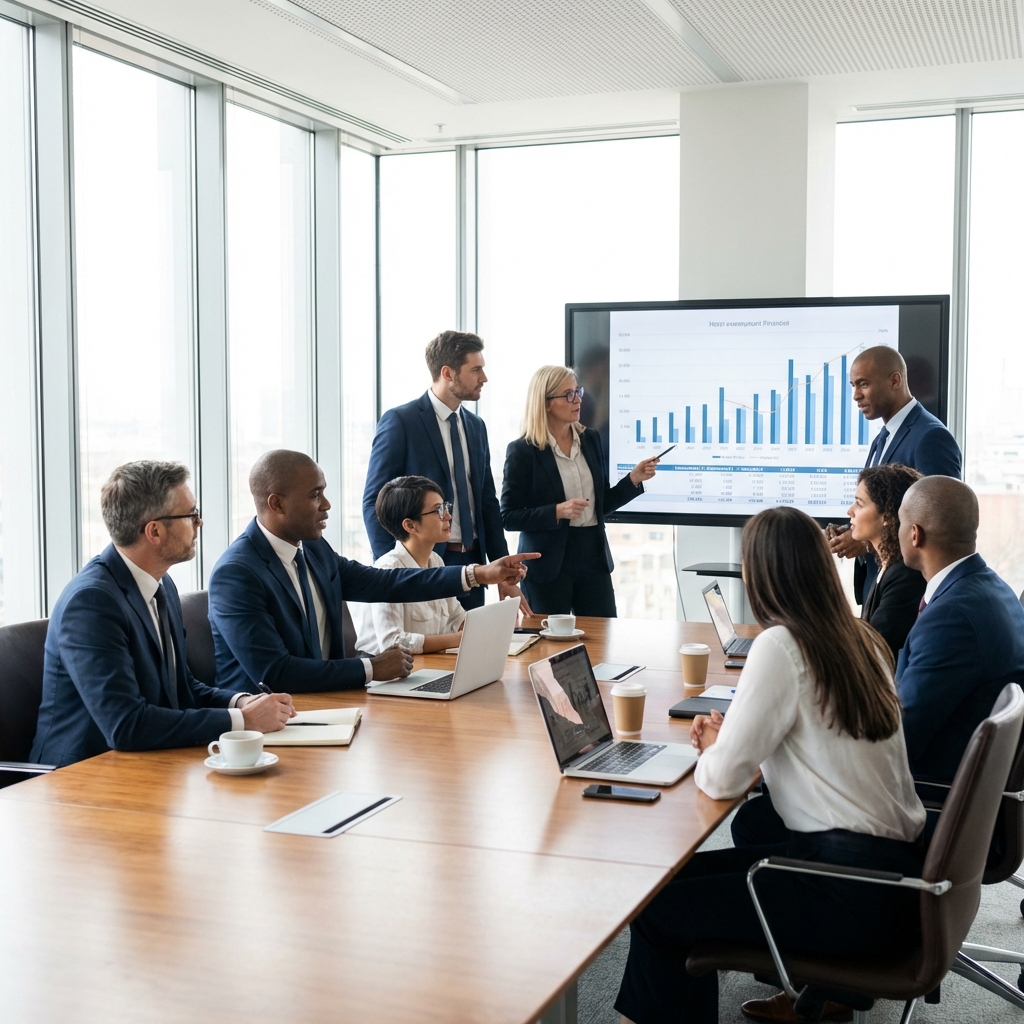 Executive team reviewing projected marketing budget figures on a boardroom screen during a planning meeting