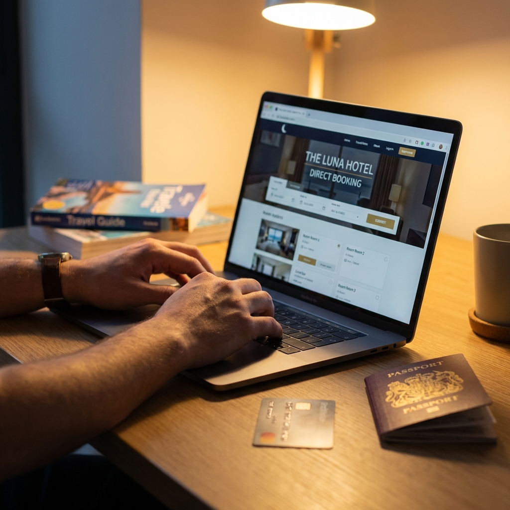 Hands typing on a laptop showing a hotel booking confirmation page with room details