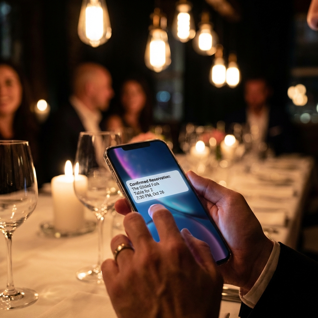 A smartphone displaying a new restaurant reservation notification with guest details and booking time on the lock screen