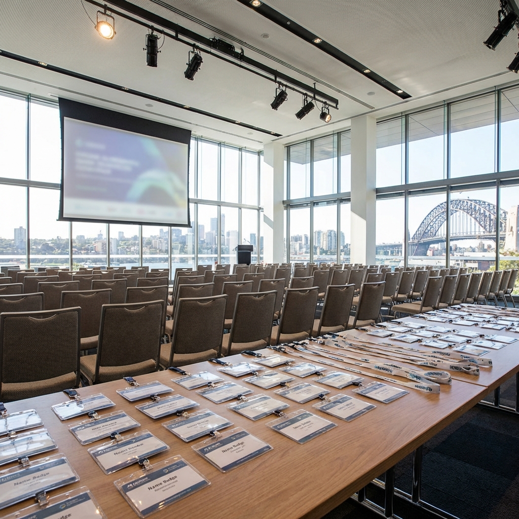 Corporate conference setup in a modern venue with projector screen and rows of chairs