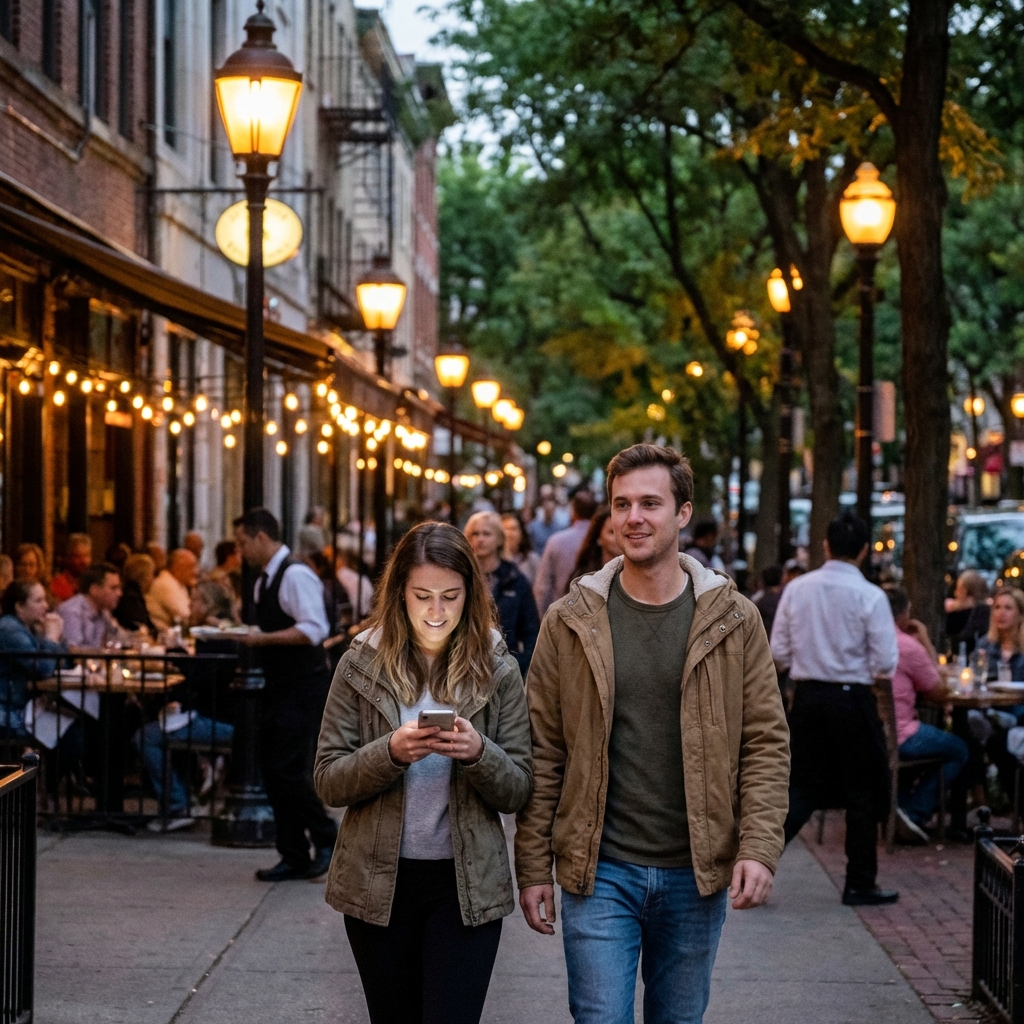 A couple scrolling through restaurant reviews and social media recommendations on a smartphone before deciding where to dine