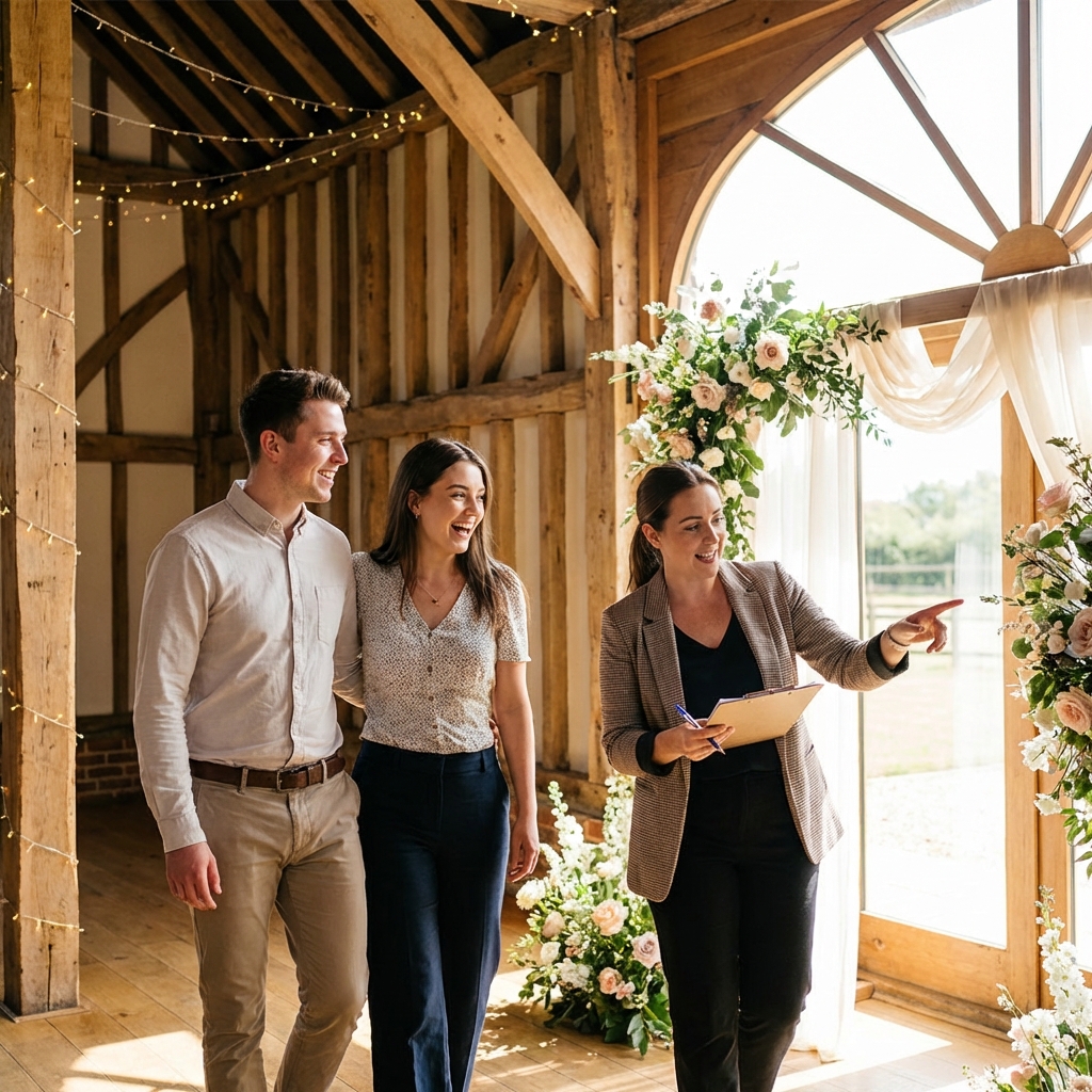 Couple touring a wedding venue with a coordinator