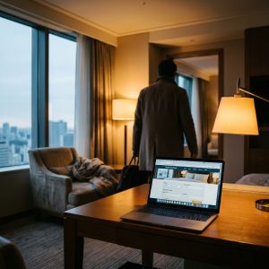 Open laptop on a desk displaying a partially filled hotel booking form with dates and room selection incomplete