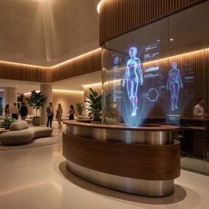 A futuristic hotel lobby featuring an AI-powered digital concierge screen greeting arriving guests with personalised recommendations