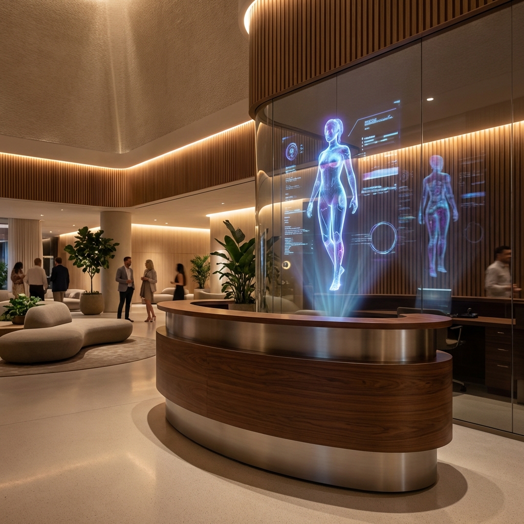 A futuristic hotel lobby featuring an AI-powered digital concierge screen greeting arriving guests with personalised recommendations