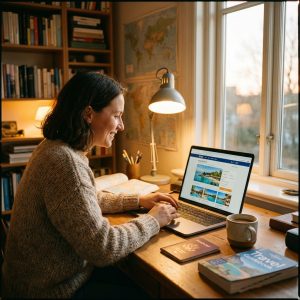 Person sitting at a desk using a laptop to compare hotel booking options online
