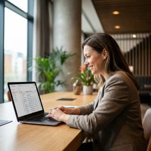 Hotel marketing manager sitting at a desk reviewing an email campaign performance dashboard on a widescreen monitor