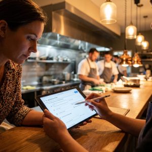 A hospitality business owner updating their Google Business Profile on a laptop with a restaurant interior visible in the background