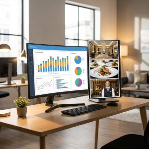 Marketing workspace with an analytics dashboard displayed on a large monitor showing click-through rate data and campaign performance charts