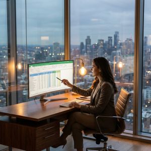 Hotel executive reviewing a marketing budget spreadsheet on a laptop in a modern office with city views