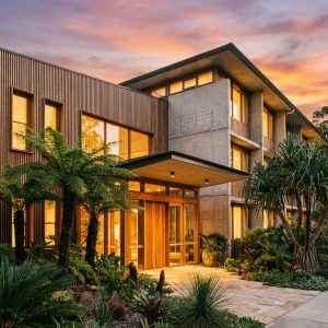 Modern Australian boutique hotel exterior bathed in warm golden hour light with landscaped entrance and ambient lighting