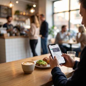 An Australian restaurant dining room at golden hour with a smartphone on the table displaying a ChatGPT conversation recommending local restaurants