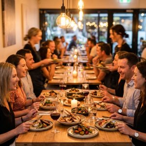 Busy Australian restaurant interior with warm lighting and beautifully plated dishes on timber tables during evening service