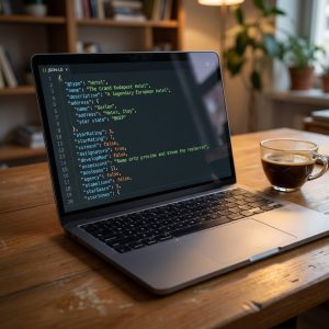 A hotel website developer reviewing JSON-LD schema markup code on a laptop screen with structured data test results visible on a second monitor