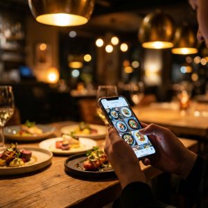 A person scrolling through vibrant food photos on their smartphone while seated at a restaurant table with dishes in the background