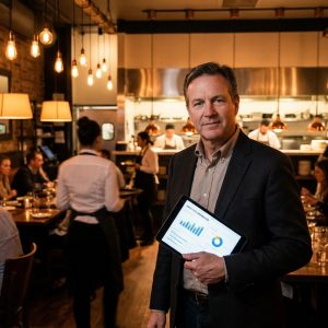 A restaurant manager standing at a host stand reviewing real-time analytics and reservation data on a tablet during evening service