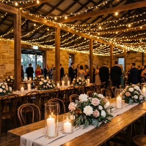Elegant wedding reception in heritage Australian venue with floral centrepieces and fairy lights
