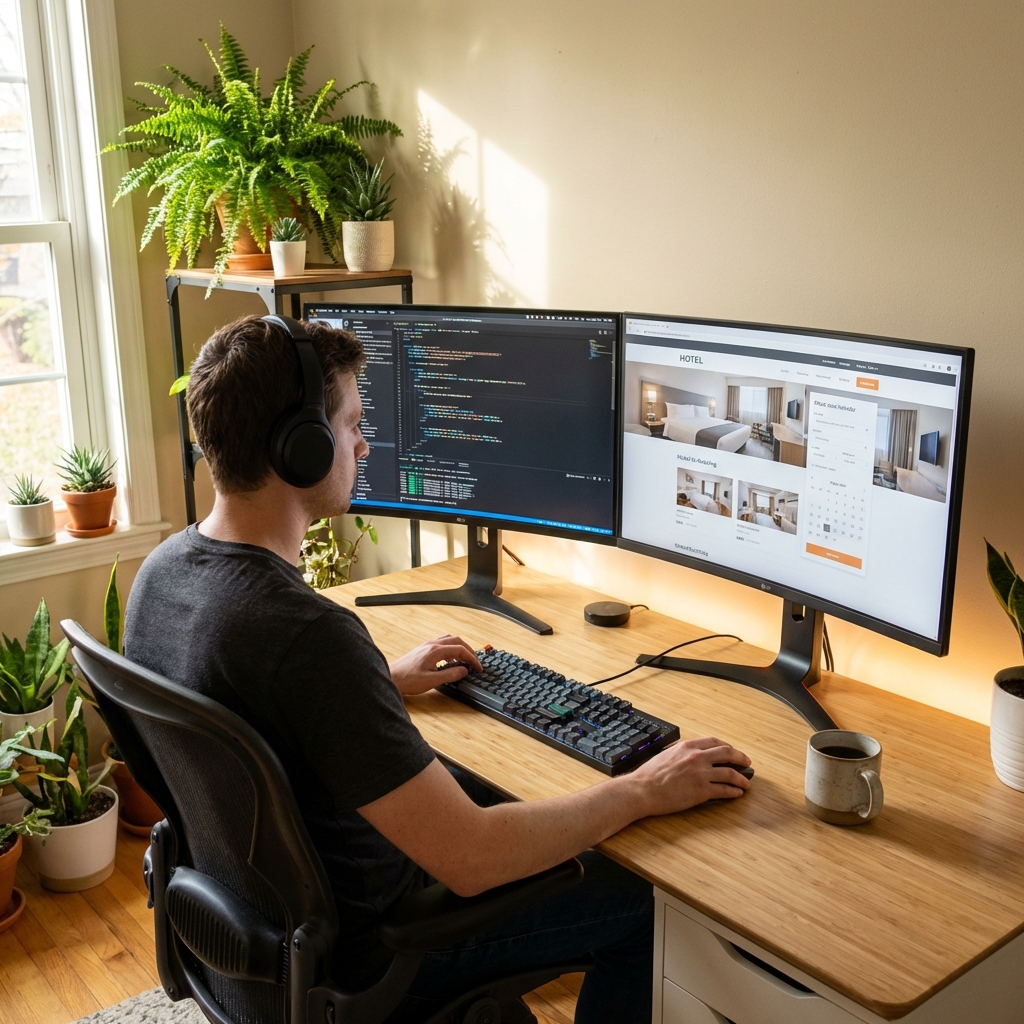 A web developer working at a desk with dual monitors showing structured data testing tools and JSON-LD code validation results for a hospitality website