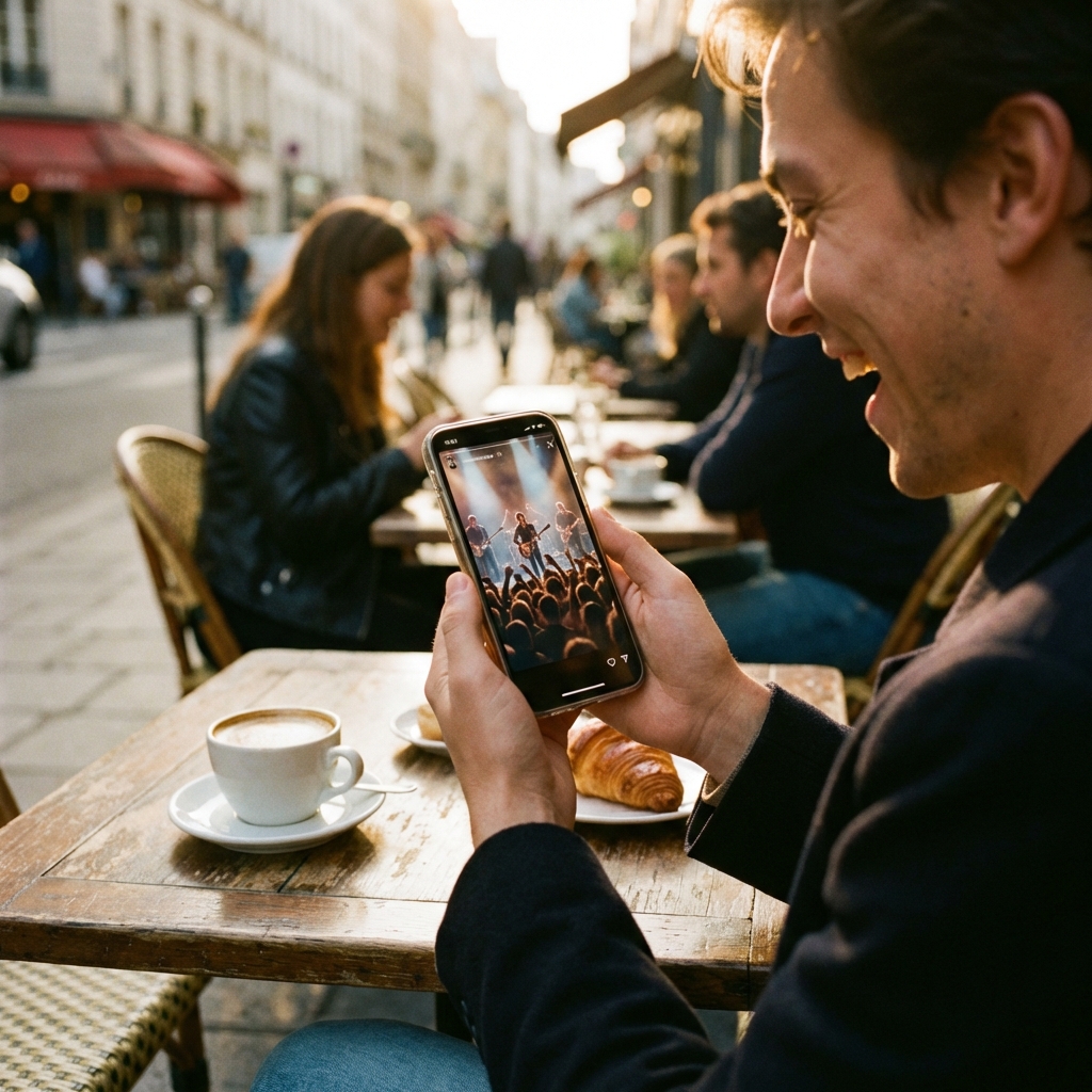 A person scrolling through live music events and venue listings on their smartphone