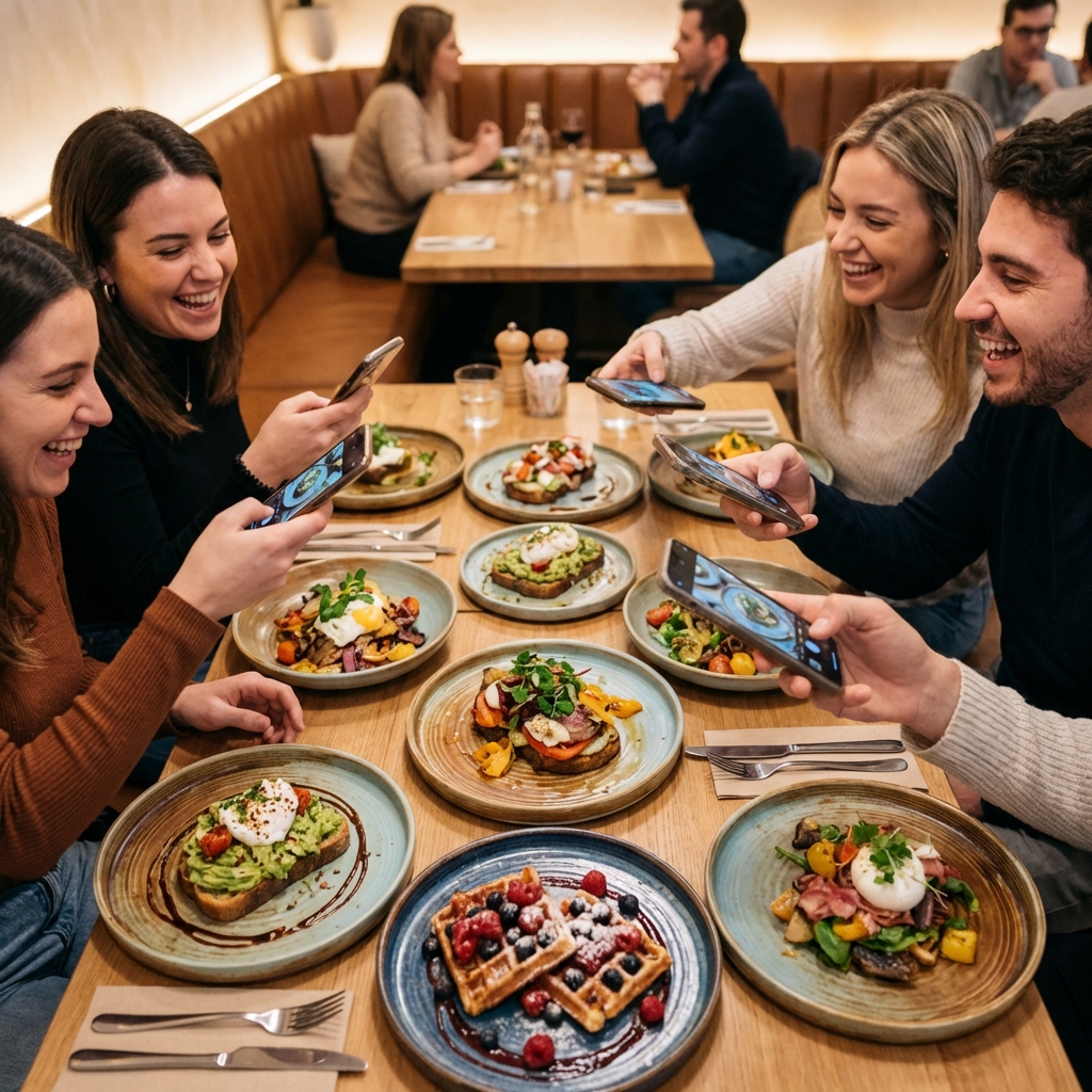 A group of friends photographing their brunch dishes with smartphones at a sunlit restaurant table