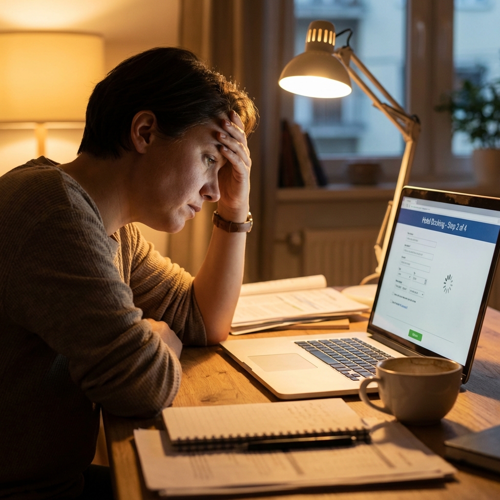 Person sitting at a desk looking frustrated while staring at an incomplete hotel booking page on their screen