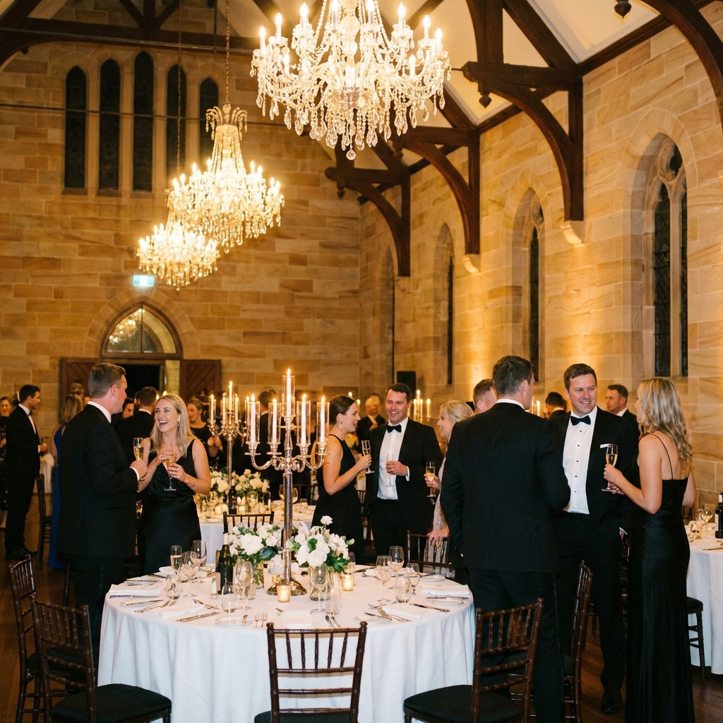 Elegant gala dinner in an Australian heritage building with round tables and golden lighting