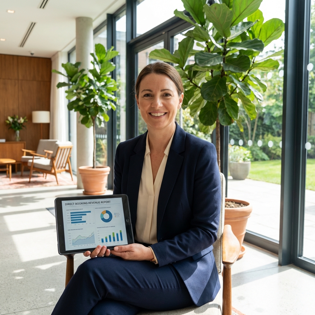 Hotel manager standing in a lobby reviewing direct booking revenue data on a tablet screen
