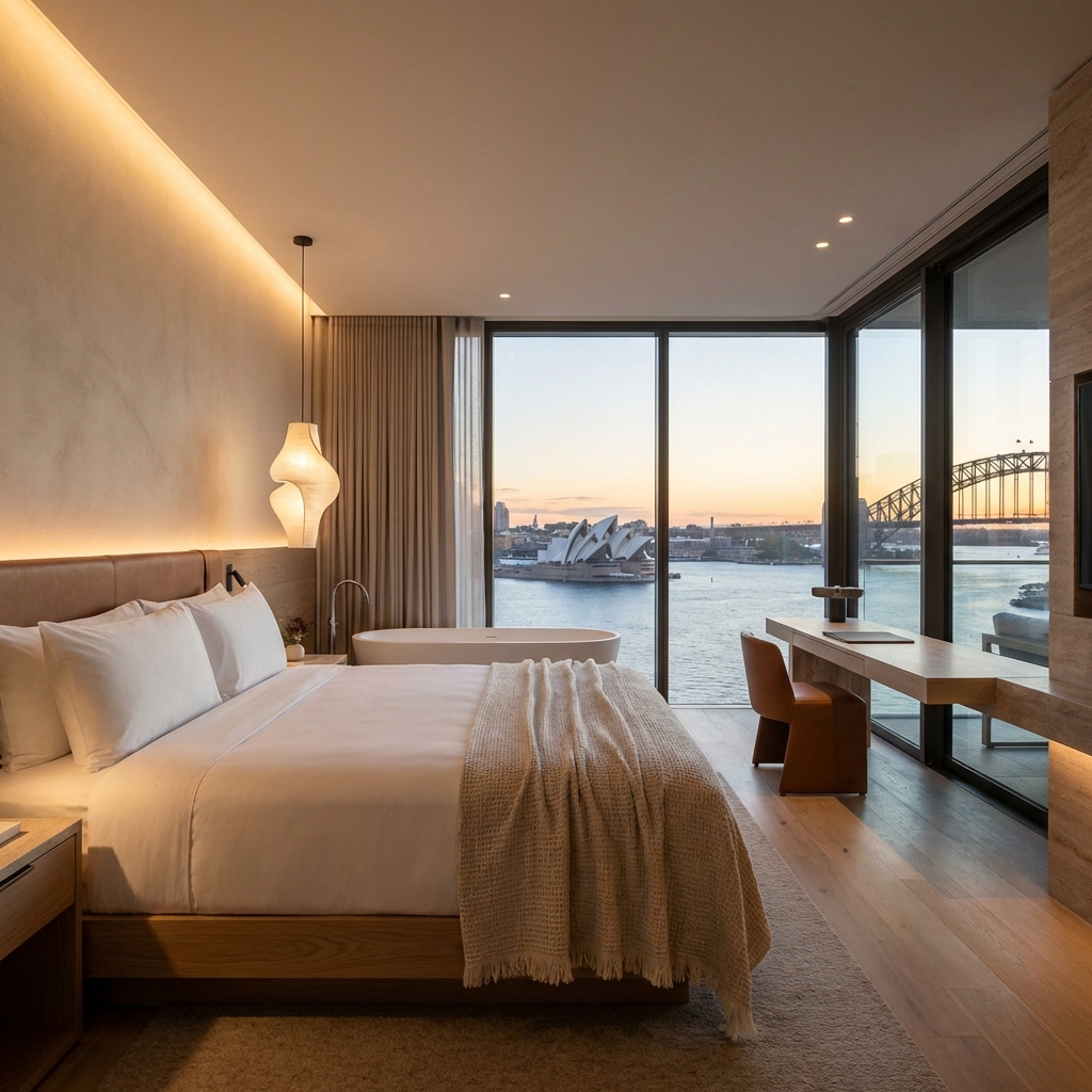 Luxurious Australian boutique hotel room with a harbour view through floor-to-ceiling windows and tasteful modern decor