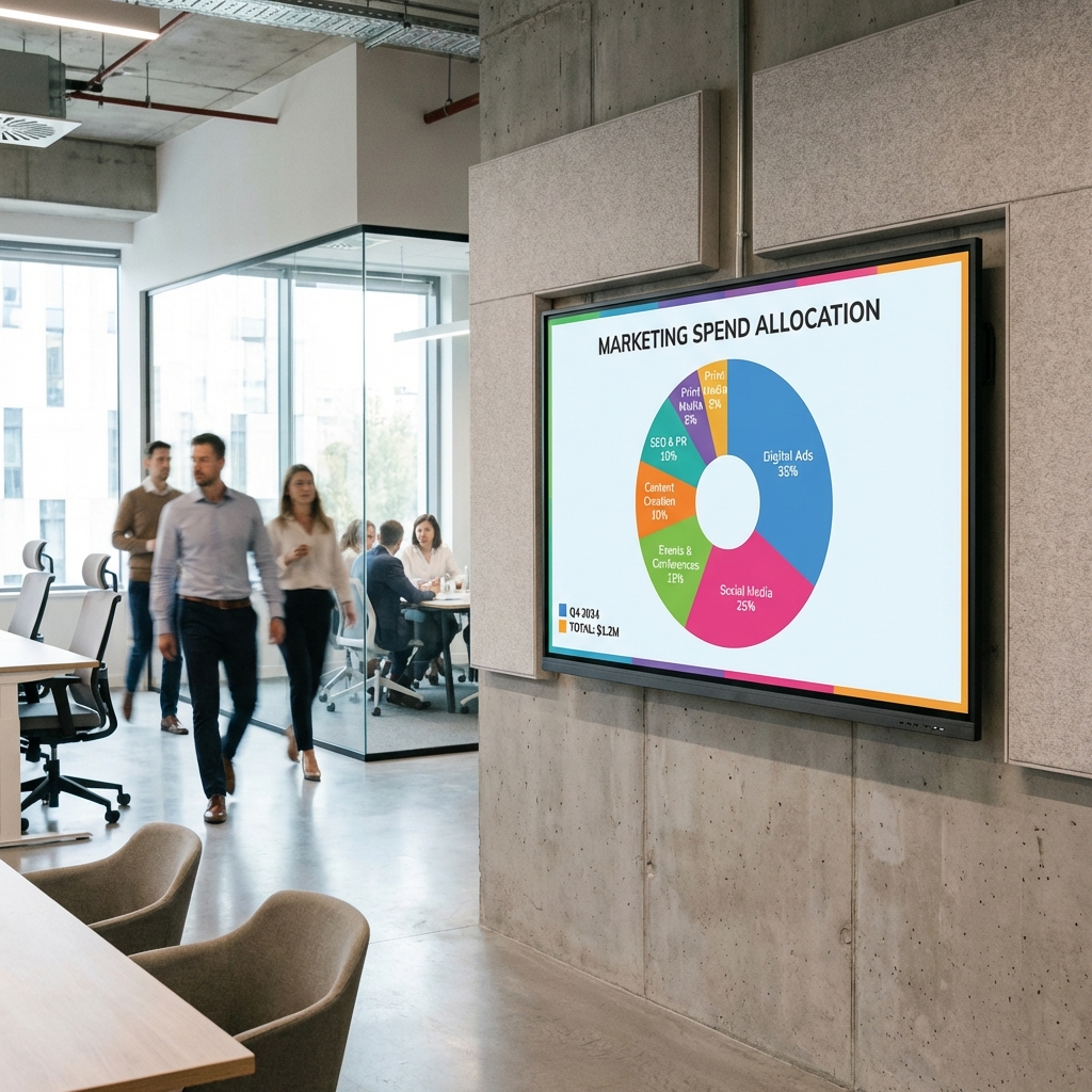 Digital marketing spend allocation dashboard displaying channel performance data for a hotel campaign
