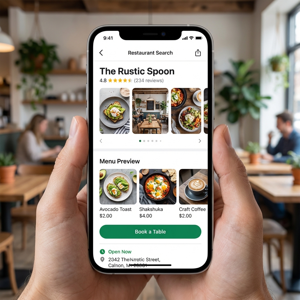 A mobile phone screen displaying a Google search result for a restaurant with enhanced rich snippet features including ratings, price range, and opening hours from schema markup