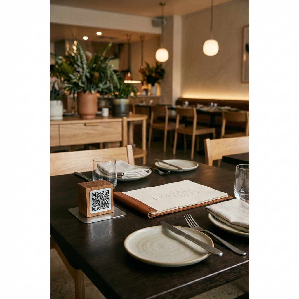 A QR code printed on a small stand placed on a restaurant table next to a menu, allowing diners to access the booking or feedback system
