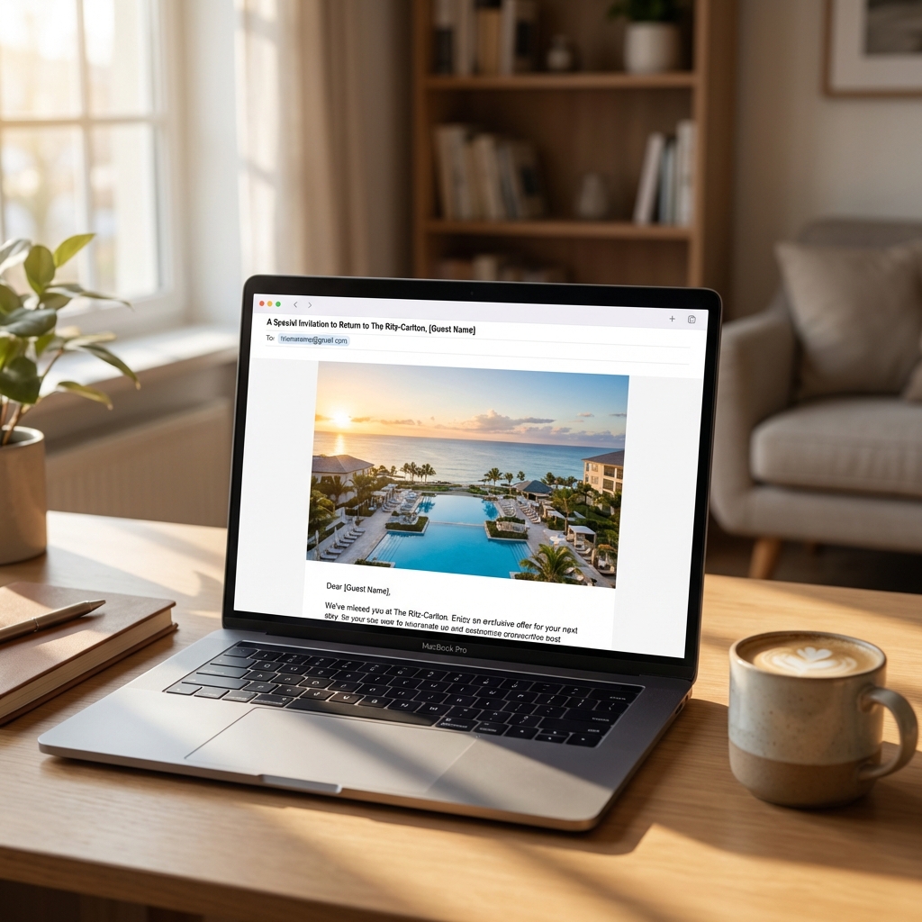Email inbox on a laptop showing a personalised hotel re-engagement message with a special rate offer and room photo