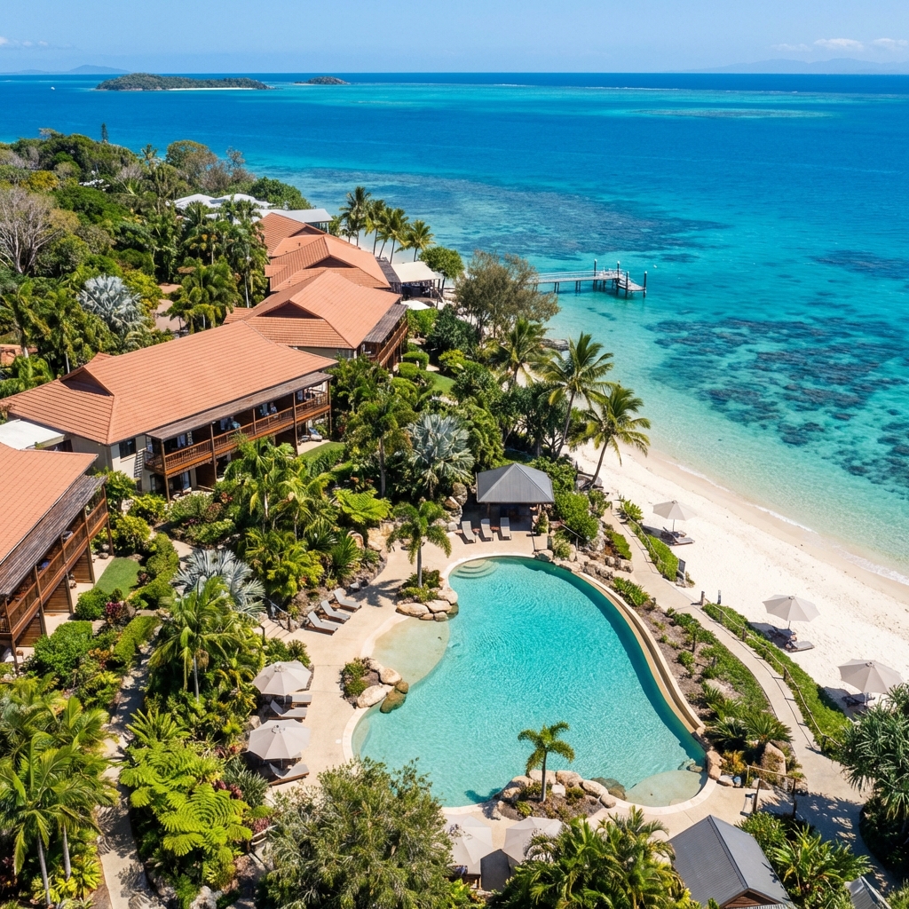 Aerial view of a coastal Australian resort surrounded by turquoise water and lush greenery