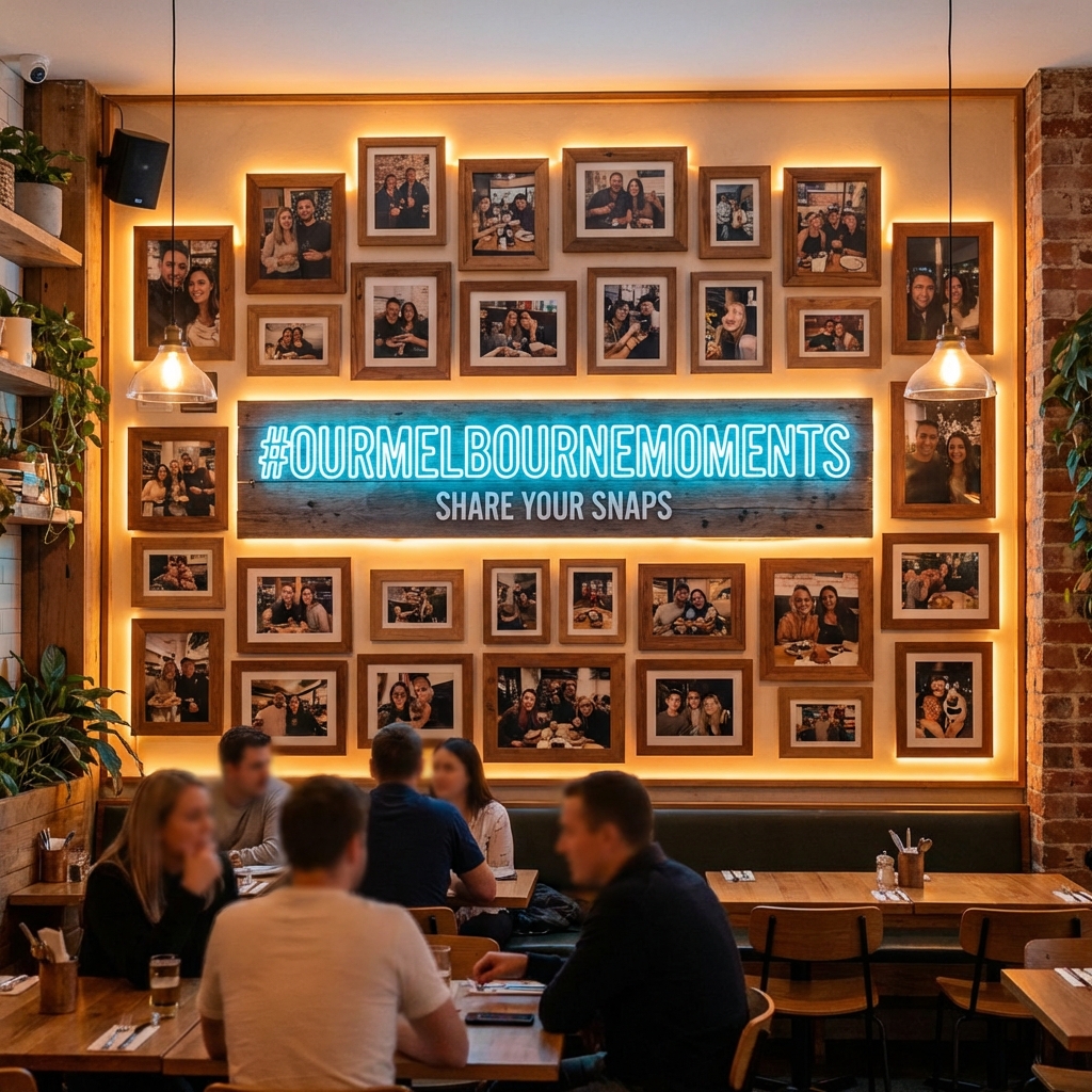 A restaurant feature wall designed for social media photos with neon signage and greenery, encouraging diners to share their experience