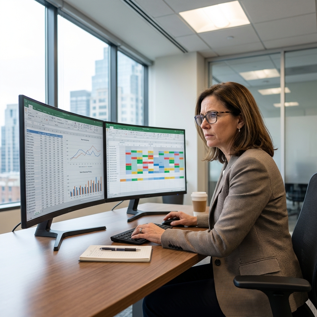 Hotel revenue manager reviewing live booking data and campaign metrics across dual monitors at a desk