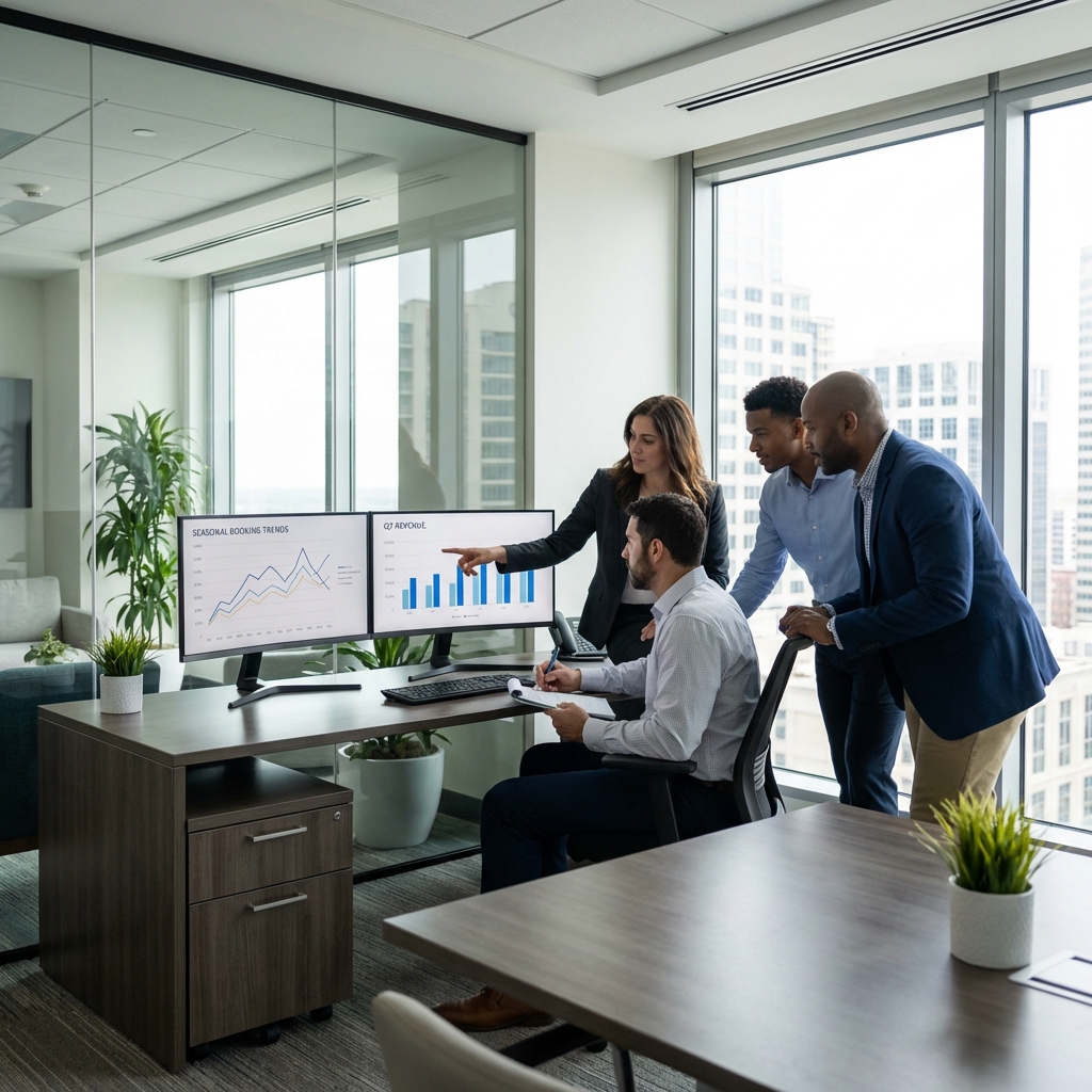 Revenue management team analysing seasonal booking patterns and marketing spend data on large monitors