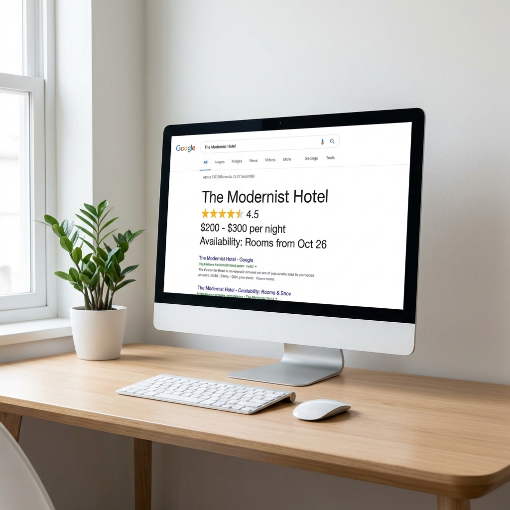 A Google search results page showing a hotel listing with rich snippet enhancements including star rating, price range, and review count generated from schema markup