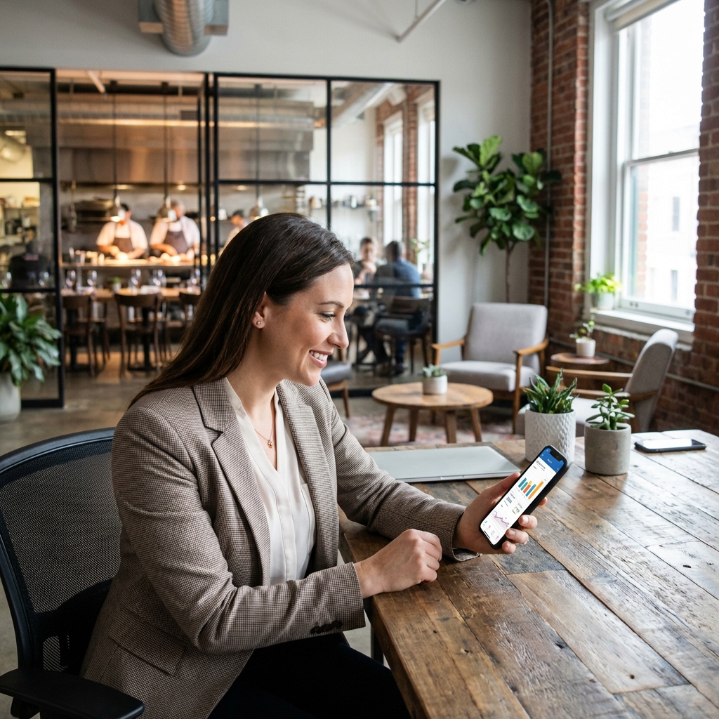 A restaurant manager reviewing social media analytics and campaign performance metrics on a smartphone