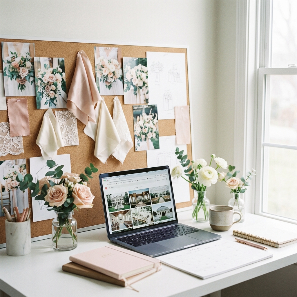 Wedding planner desk with mood boards and laptop
