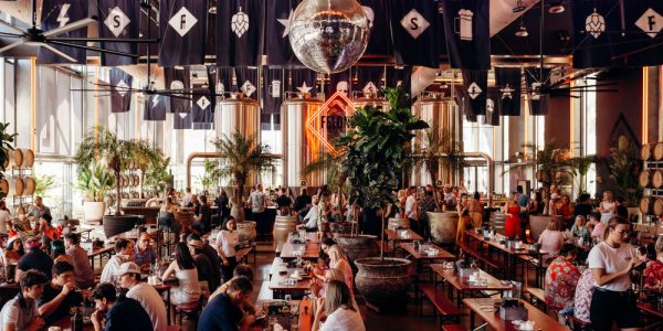 Felons Brewing Co venue with Brisbane skyline